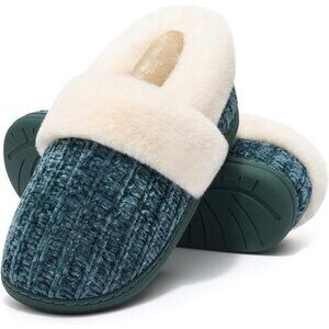 ⚡Women's Green Fuzzy Memory Foam Slippers Closed Back Knit Slip-On House Shoes